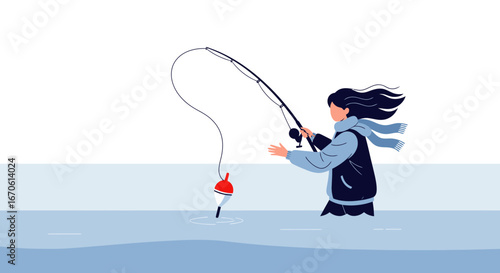 Woman Fishing In Cold Weather Enjoying Recreational Activity In Nature