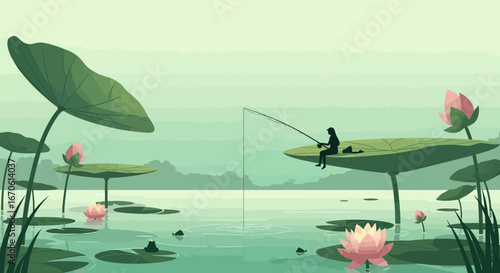 Woman Fishing On Gigantic Lotus Leaf In Serene Lake Illustration