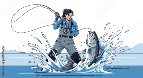 Woman Fishing In The Lake Catching Big Fish On A Sunny Day
