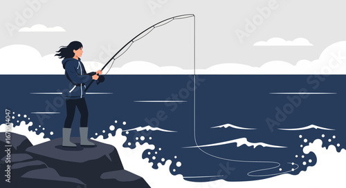 Woman Fishing On The Shoreline In Flat Design Overlooking Water View
