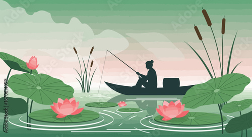 Woman Fishing On The Lake Surrounded By Lily Pads And Cattails In Serene Environment