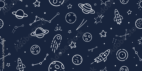 Whimsical hand drawn doodle pattern of space objects on a dark blue background