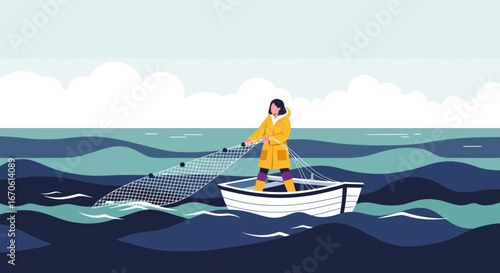 Woman Fishing With A Net In A Boat At Sea On A Cloudy Day