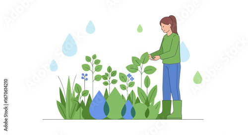 Woman Gardening Seedlings Illustration In a Garden With Rain Water Concept