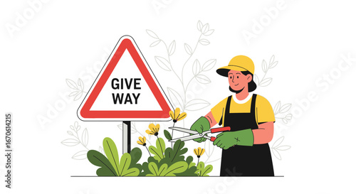 Woman Gardening Near a Give Way Sign in a Botanical Garden Landscape