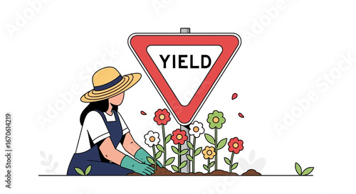 Woman Gardening Flowers Under Yield Sign Expressing Nurturing Investment Return
