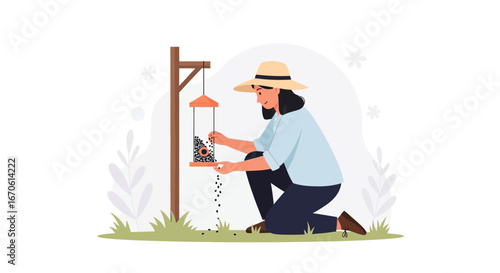 Woman Gardening Refilling Bird Feeder, Promoting Nature and Backyard Ecosystems