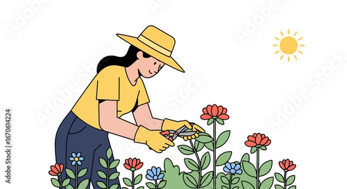 Woman Gardening Plants During Sunny Day Outdoor Floral Care And Cultivation