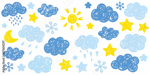 Whimsical hand drawn weather elements featuring sun moon stars clouds rain and snowflakes