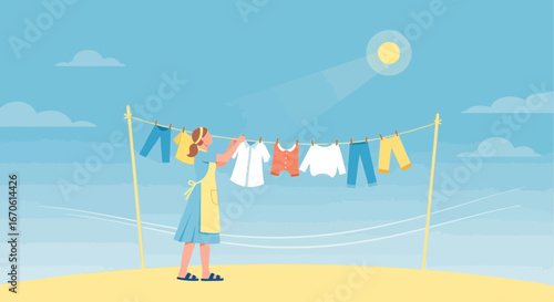 Woman hanging laundry on clothesline under the sun on a bright day vector illustration