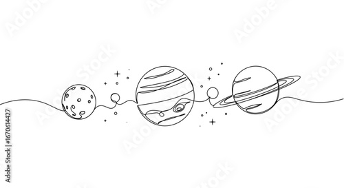 Solar system planets illustrated in minimalist line art style concept  