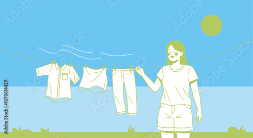 Woman Hanging Laundry On Clothesline On Sunny Day For Home Chores