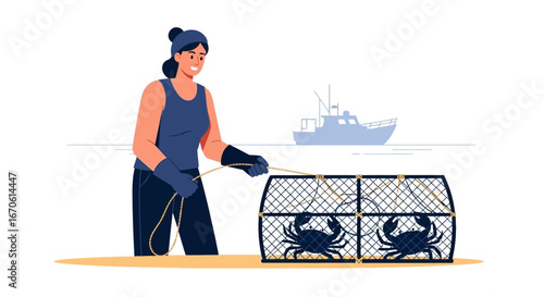 Woman Harvesting Crabs With A Traditional Crab Pot Near Fishing Boat