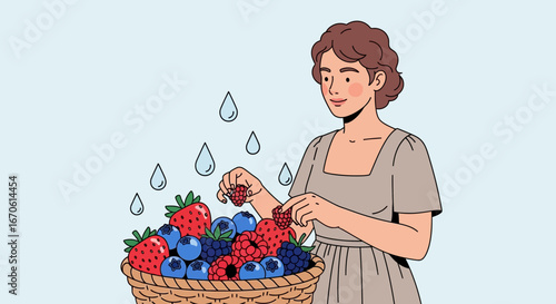 Woman Harvesting Fresh Berries From Wicker Basket With Cartoon Raindrops