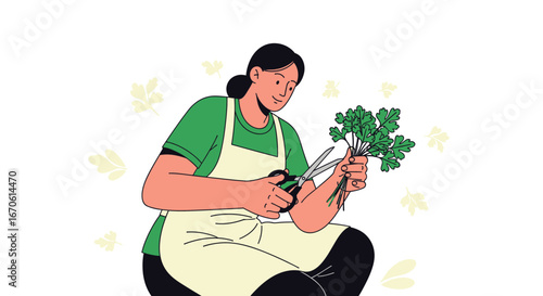 Woman Harvesting Fresh Herbs From Garden With Clippers For Culinary Use
