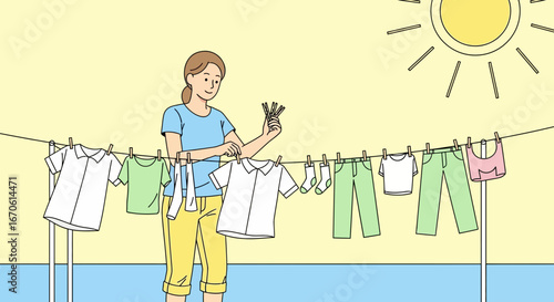 Woman hanging laundry to dry on clothesline under the sun for eco friendly lifestyle using natural drying