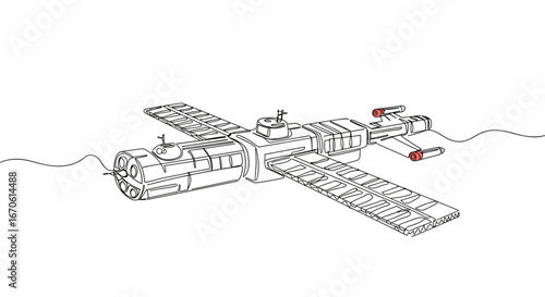 Space station cross-section illustration in line art style  