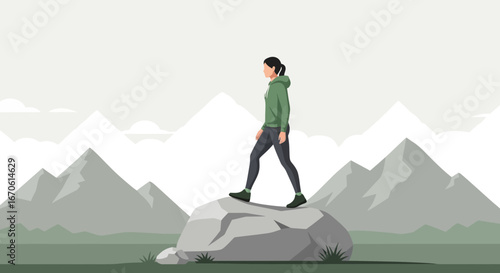 Woman Hiking In Mountain Landscape Achieving Personal Goals With Nature