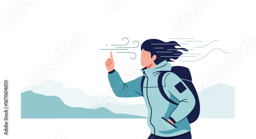 Woman Hiking In Winter Pointing To The Sky Against The Strong Wind Illustration