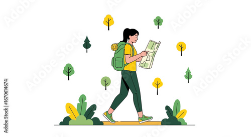 Woman Hiking And Using Map, Adventure In The Forest, Outdoors Lifestyle