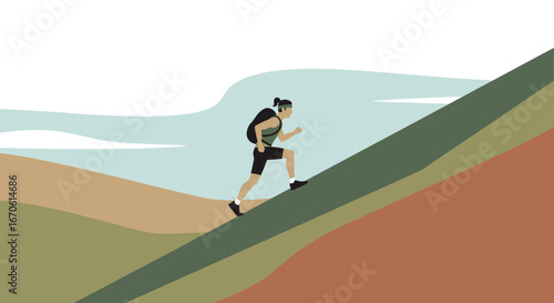 Woman Hiking Up a Hill With Backpack Outdoor Adventure Vector Illustration