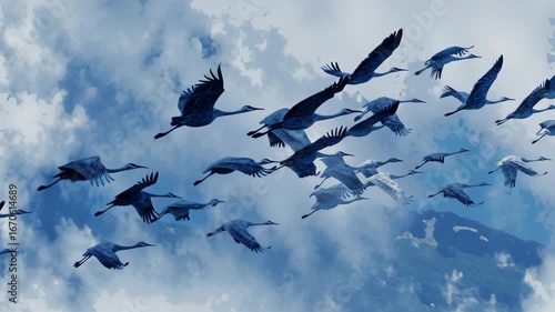 Migratory bird flock crane silhouette in flight across sky and cloud, wildlife migration nature scene with wings spread and graceful serene motion