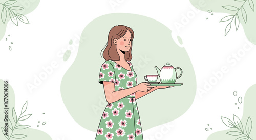 Woman Holding Tea Set In Floral Dress On A Mint Green Background