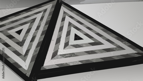 A pyramid structure with repeating triangles in shades of gray and black on a white surface is shown |  editable eps vectors silhouette