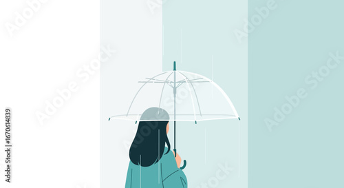 Woman Holding Umbrella In Rain With Serene Pastel Color Palette Scene
