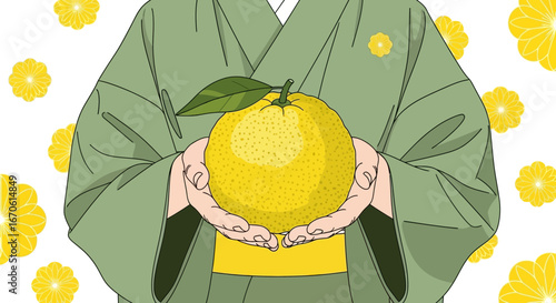 Woman Holding Yuzu Fruit In Kimono Illustration Depicting Japanese Winter Tradition