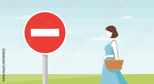 Woman Ignoring A Prohibition Sign While On The Way To A Picnic