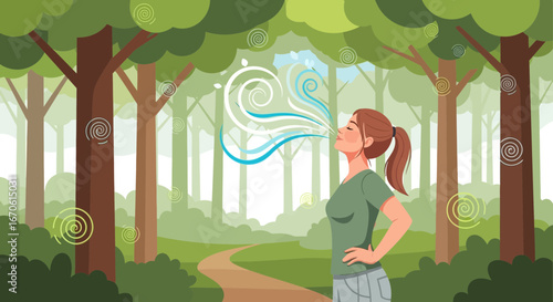 Woman Inhaling Fresh Air And Finding Peace In The Forest Landscape
