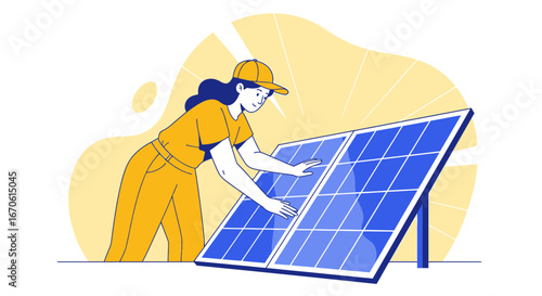 Woman Installs Solar Panels For Renewable Energy Source On Sunshine Background
