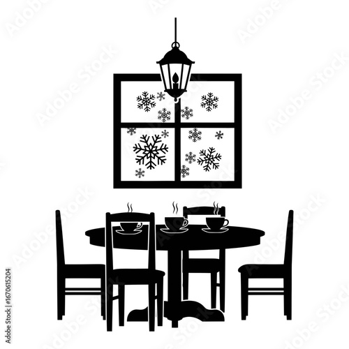 Cozy winter home sets vector art of silhouette of a dining room interior with table, chairs, and window vector