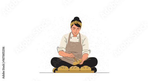 Woman Kneading Dough in Kitchen, Concentrated on Baking Process with Calmness