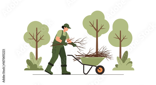 Woman Landscaper Working Outdoors With Wheelbarrow Full Of Cut Branches