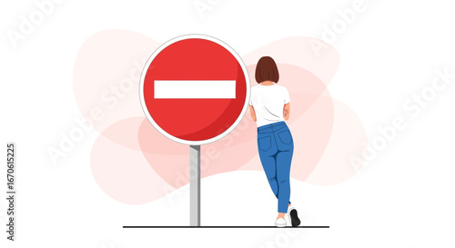Woman Leaning Against Prohibited Sign Exploring Concept Of Limitations