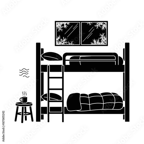 Cozy winter home sets vector art of bunk bed with window, stool and mug vector
