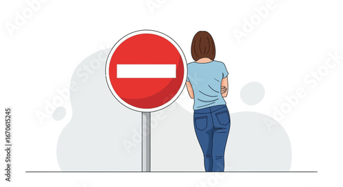 Woman Leaning On A Red Prohibition Sign Facing Away In Casual Wear