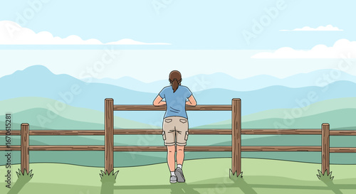 Woman Leaning On Fence Enjoying Scenic Mountain View Cartoon Illustration