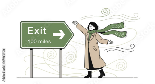 Woman Near Exit Sign In Windy Weather Illustrates Departure Opportunity