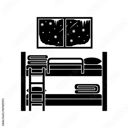 Cozy winter home sets vector art of bunk bed with ladder, blankets, and a window showing a snowy winter night vector
