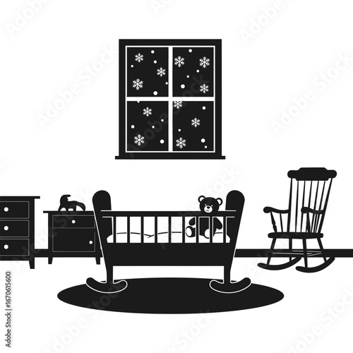 Cozy winter home sets vector art of baby nursery room with crib and rocking chair vector