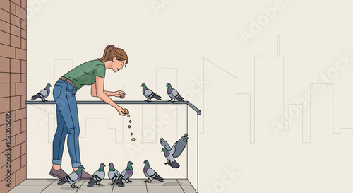 Woman On Balcony Feeding Pigeons In Urban Environment On Sunny Afternoon