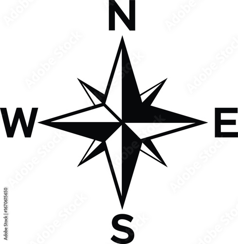 Black and White Compass Rose with Cardinal Directions.