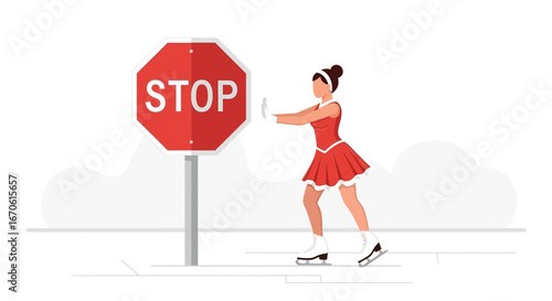 Woman On Ice Skates Pushing A Stop Sign In Red Holiday Dress