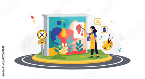 Woman Painting a Vibrant Mural Outdoors Expressing Creativity and Artistic Talent