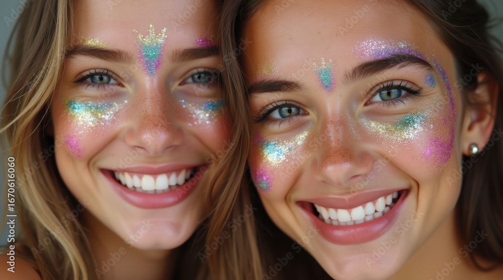 Fototapeta premium Close-up portrait two best friends elaborate rainbow glitter makeup cheeks around eyes facing camera big smiles beautiful artistic cosmetics