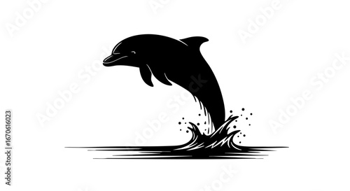 Dynamic black silhouette of a playful dolphin leaping gracefully from the ocean waves, creating a captivating splash