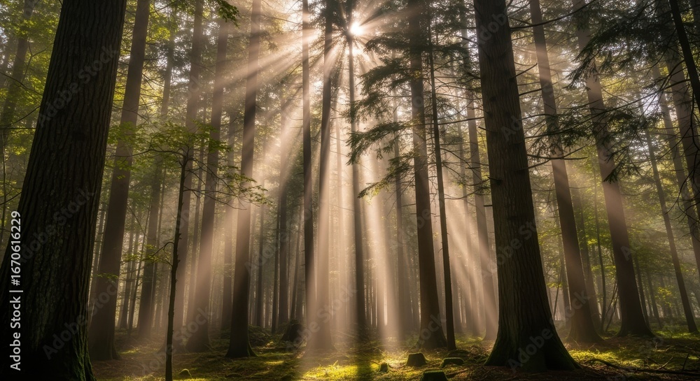 Obraz premium Sunlight breaking through a dense forest canopy creating god rays